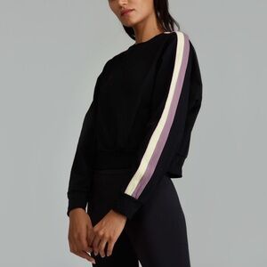 noli yoga  chase soft french terry sweatshirts in black/mauve stripe, size s